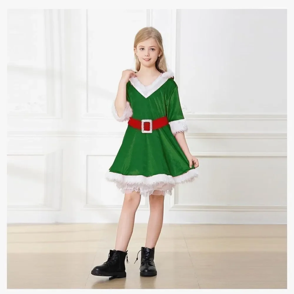 LMYOVE Girls Santa Green Elf Hooded Dress Costume(Large, Green)